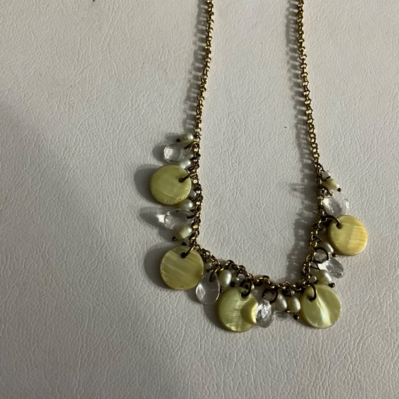 Gold Tone Necklace With Green Mother of Pearl Discs and Other Dangling Stones - Picture 2 of 2